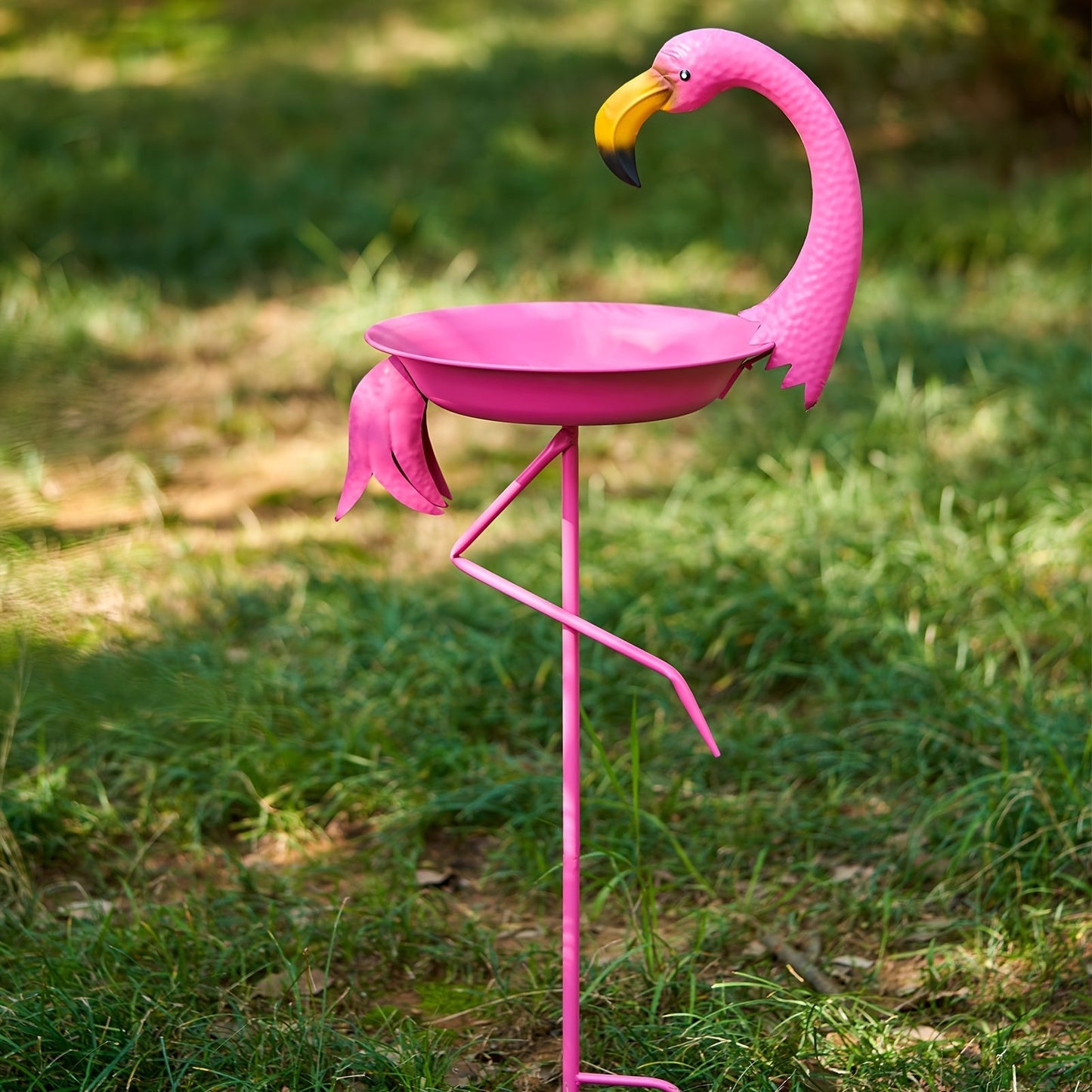 39.4-Inch Pink Flamingo Bird Bath with 12.6-Inch Bowl and Two-Prong Garden Stake for Lawn Decor