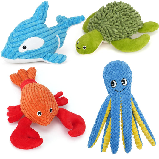 Four-Piece Plush Dog Toy Set with Dolphin, Turtle, Lobster and Octopus Shapes for Supervised Play