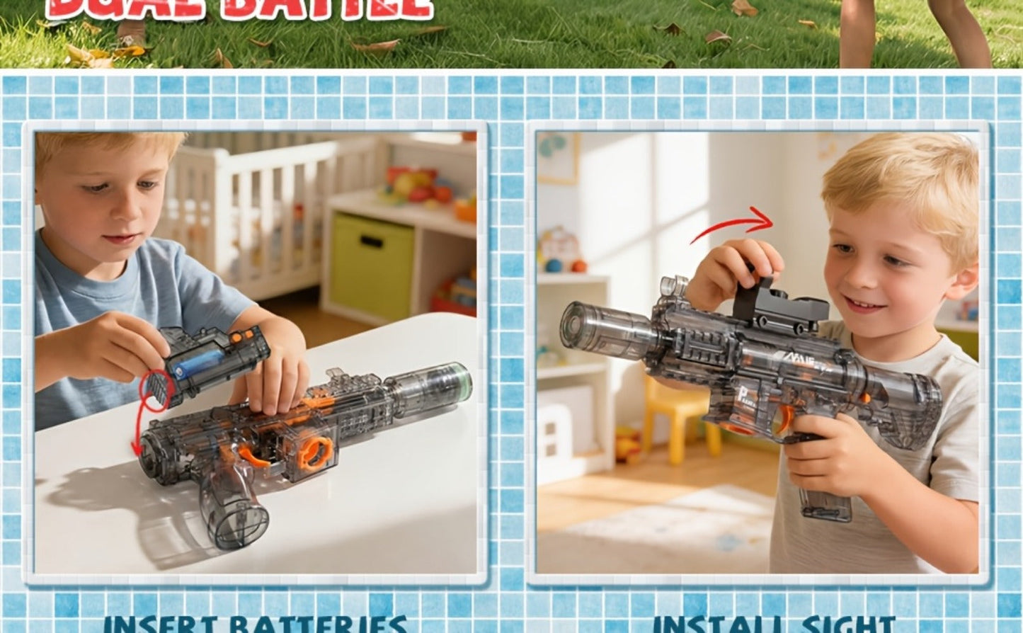 Two-Piece Electric Light-and-Sound Water Blaster Sets in 727 or 737 Models and Blue or Black Colors