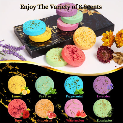 Eight 30 g Shower Steamer Tablets in Eight Fragrance Labels with Black-and-Gold Gift Box Packaging