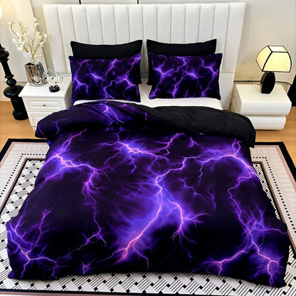 Duvet Cover Set 3 Piece Purple Lightning Digital Print – 100% Polyester Bedding Set with 2 Pillowcases, Twin Full Queen King