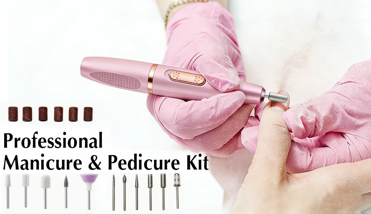 Electric Nail Drill 11-Bit Variable Speed Pen Kit in Pink with Sanding Bands and Compact Controls