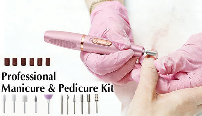Electric Nail Drill 11-Bit Variable Speed Pen Kit in Pink with Sanding Bands and Compact Controls