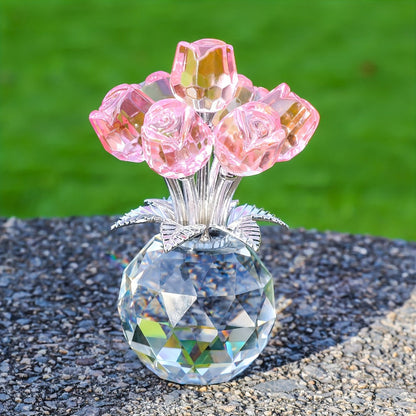 Artificial Flowers Crystal-Look Mini Rose Arrangement with Faceted Display Base in Four Color Options