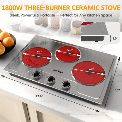 Portable Electric Cooktop Triple Burner 1800W, Royalcraft Countertop Electric Stove with Knob Control