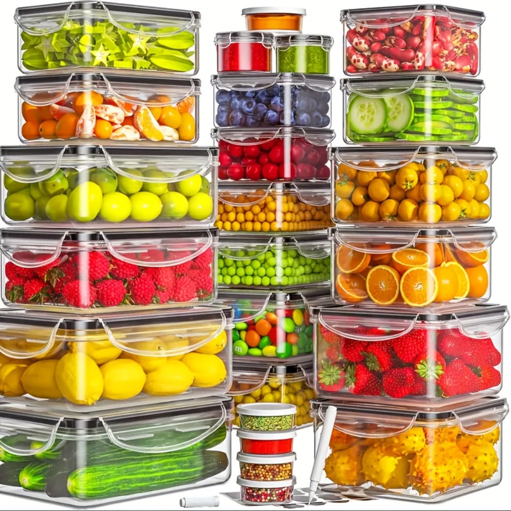 Food Storage Containers with Lids, 10- or 40-Piece PP Set with Easy-Snap Lids, Labels and Markers in Two Colors