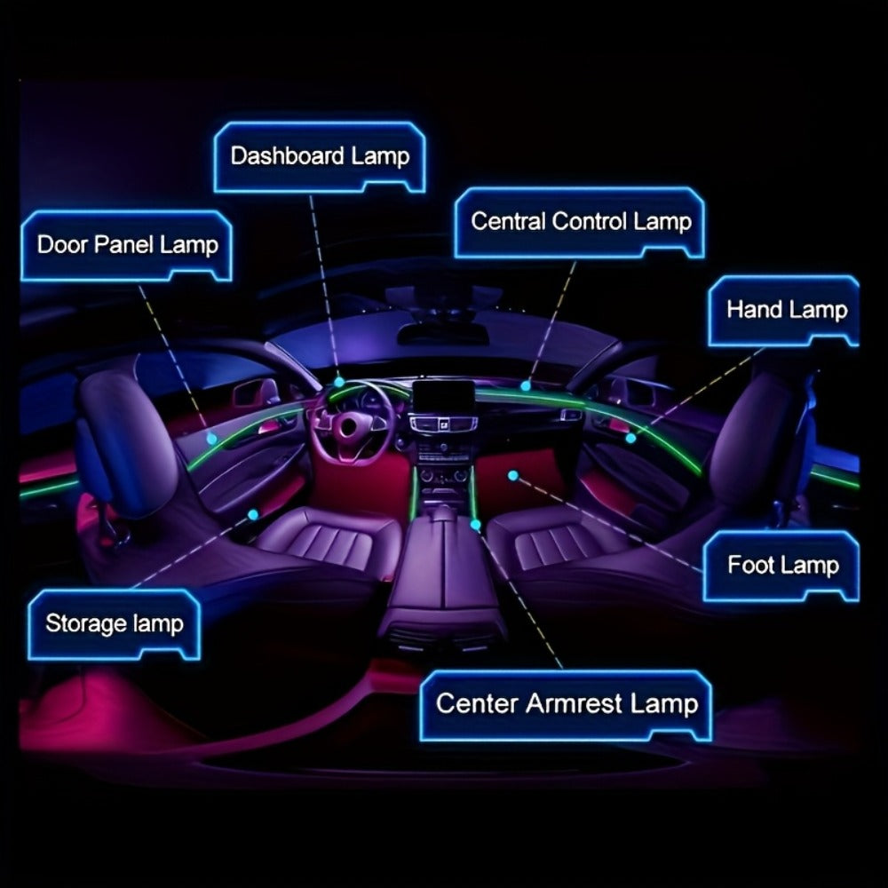 Car Interior Ambient Light Strip with 3 m / 118-Inch Label, Seven Pictured Colors, App Control and USB Plug