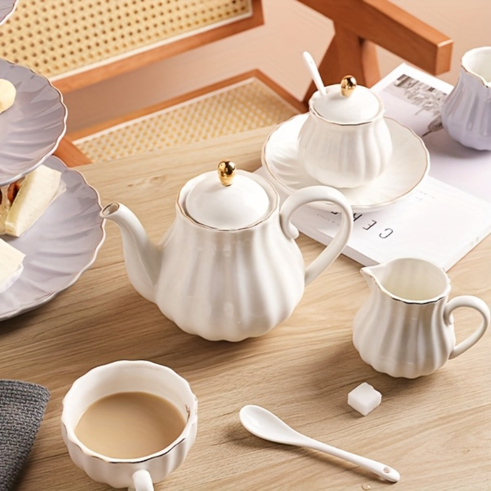 Porcelain Tea Set Service for 6 British Royal Floral Design with Teapot Sugar Bowl Cream Pitcher Teaspoons Tea Strainer 8oz Cups Saucers