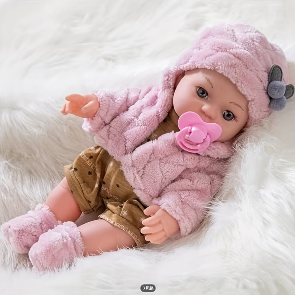 Pink Baby Doll with Open-Eye Face, Pacifier and Textured Outfit Across Three Checkout Style Labels