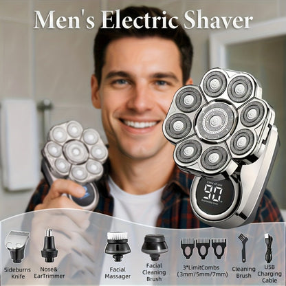 9D Floating Head Electric Razor for Bald Men 5-in-1 Grooming Kit Beard Trimmer Nose Hair Trimmer Facial Cleanser Body Groomer USB