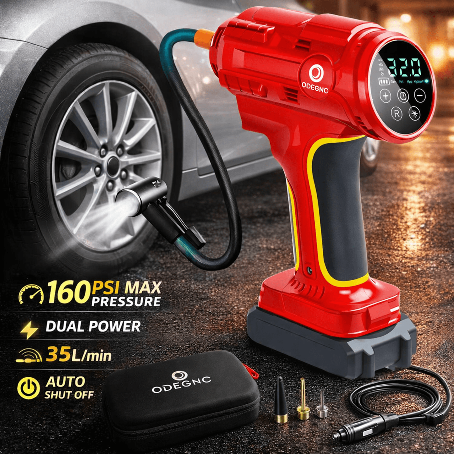Portable Air Pump Inflator 160PSI – Auto Shut-Off, 35L/min, Dual Power (Battery/12V Car), Digital Gauge, 3-Mode LED Light for Car Tires