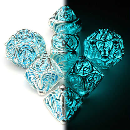 Metal Skull Dice Set 7pcs Glow in the Dark, Hollow UV Fluorescent Polyhedral DnD RPG Dice for Dungeon Masters