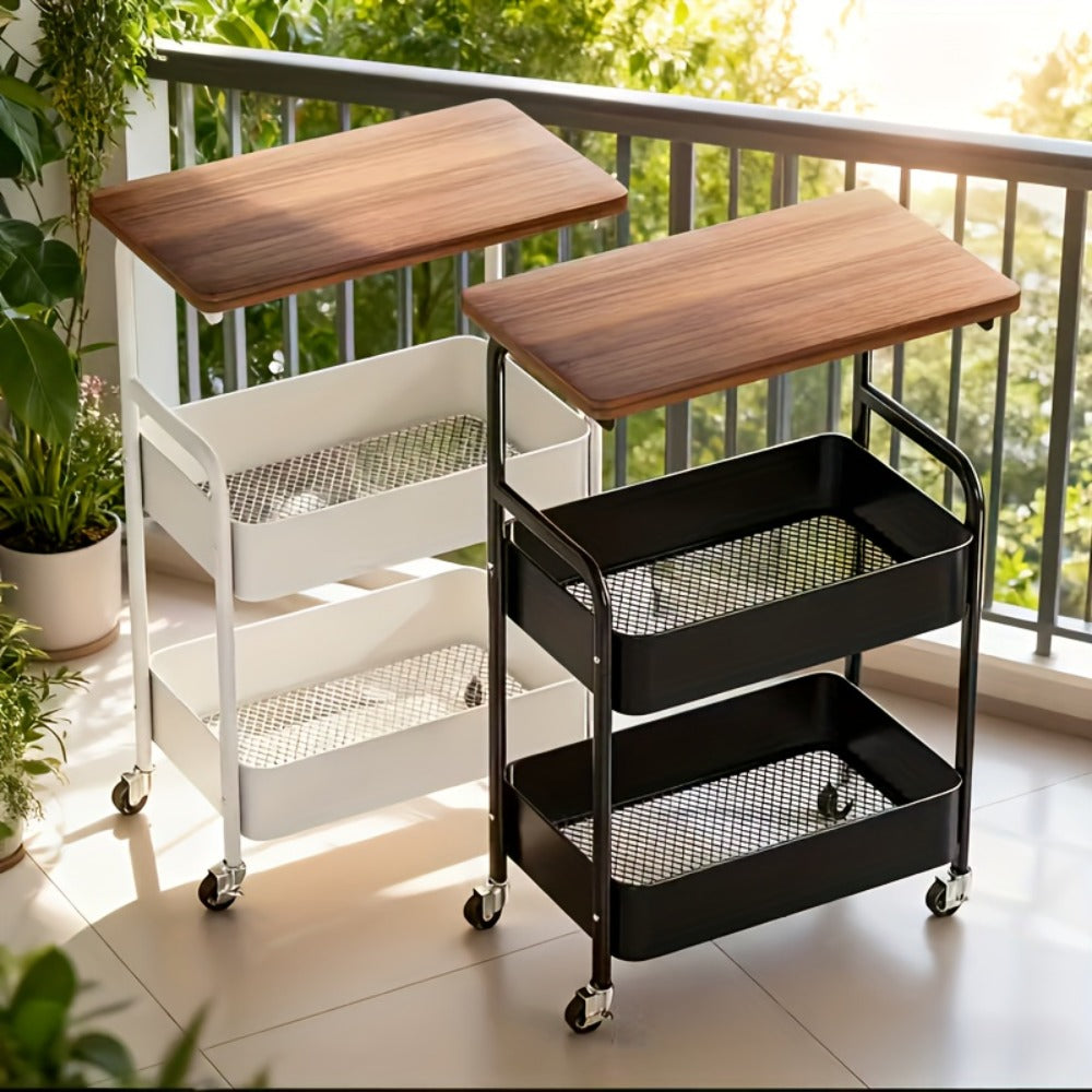 Storage Trolley with Wheels 3-Tier Wooden Tabletop Rolling Cart – Reinforced Black Metal Frame, Locking Casters