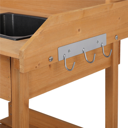 Garden Potting Table 4-Tier with Removable Sink, Adjustable Shelf, Drawer & Side Hooks, Outdoor Planter Stand for Yard Greenhouse in Wood