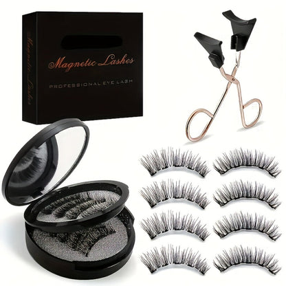 Magnetic False Eyelashes Kit with Eight Pairs, Round Storage Case and Metal Applicator Clip
