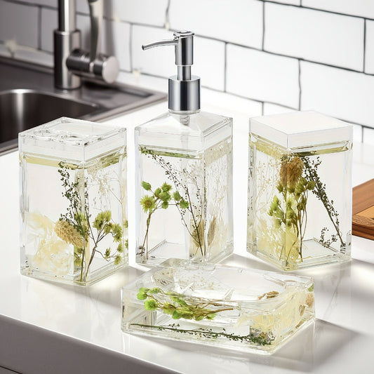 Bathroom Accessory Set 4-Piece 3D Floating Motion Acrylic Liquid Vanity Kit - Tumbler, Toothbrush Holder