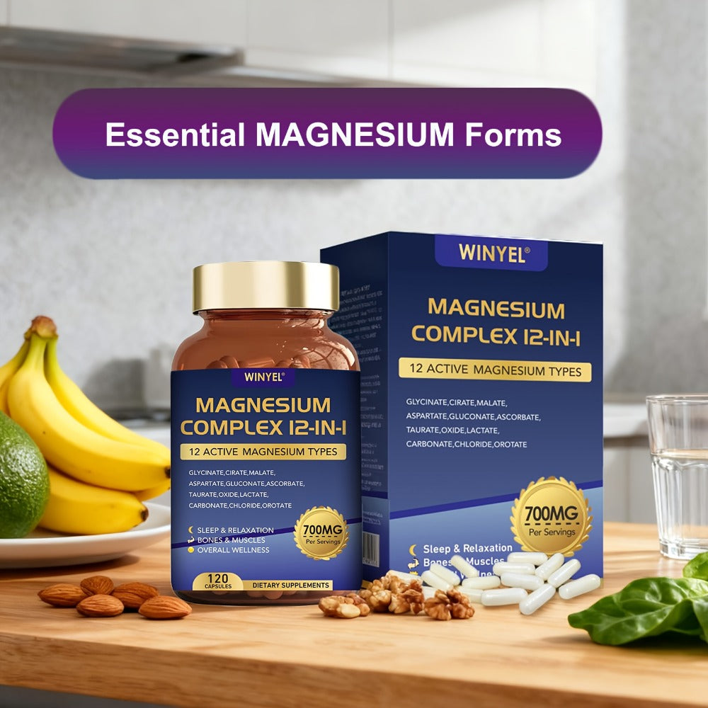 Magnesium Complex 700mg 12-in-1 120 Capsules with Glycinate, Citrate, Malate & Taurine for Sleep