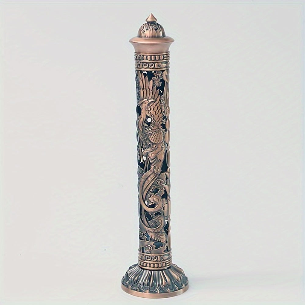 Incense Stick Holder Metal Retro Vertical Design, Dragon & Phoenix Heart Sutra Motif Brass Incense Burner Stand
