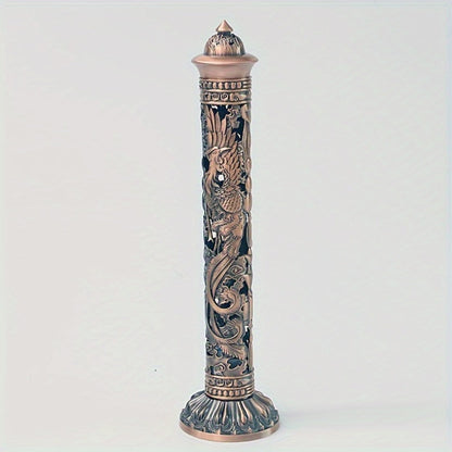 Incense Stick Holder Metal Retro Vertical Design, Dragon & Phoenix Heart Sutra Motif Brass Incense Burner Stand