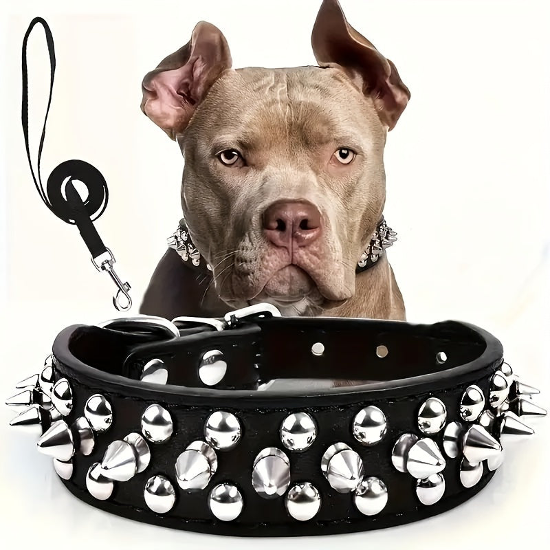 Rivet Dog Collar Bite Resistant with Leash Set, Heavy Duty Metal Buckle Pet Collar for Medium Large Dogs, Adjustable Sizes XS–XXL