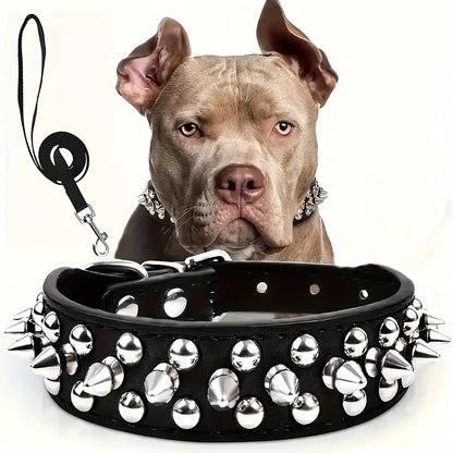 Rivet Dog Collar Bite Resistant with Leash Set, Heavy Duty Metal Buckle Pet Collar for Medium Large Dogs, Adjustable Sizes XS–XXL