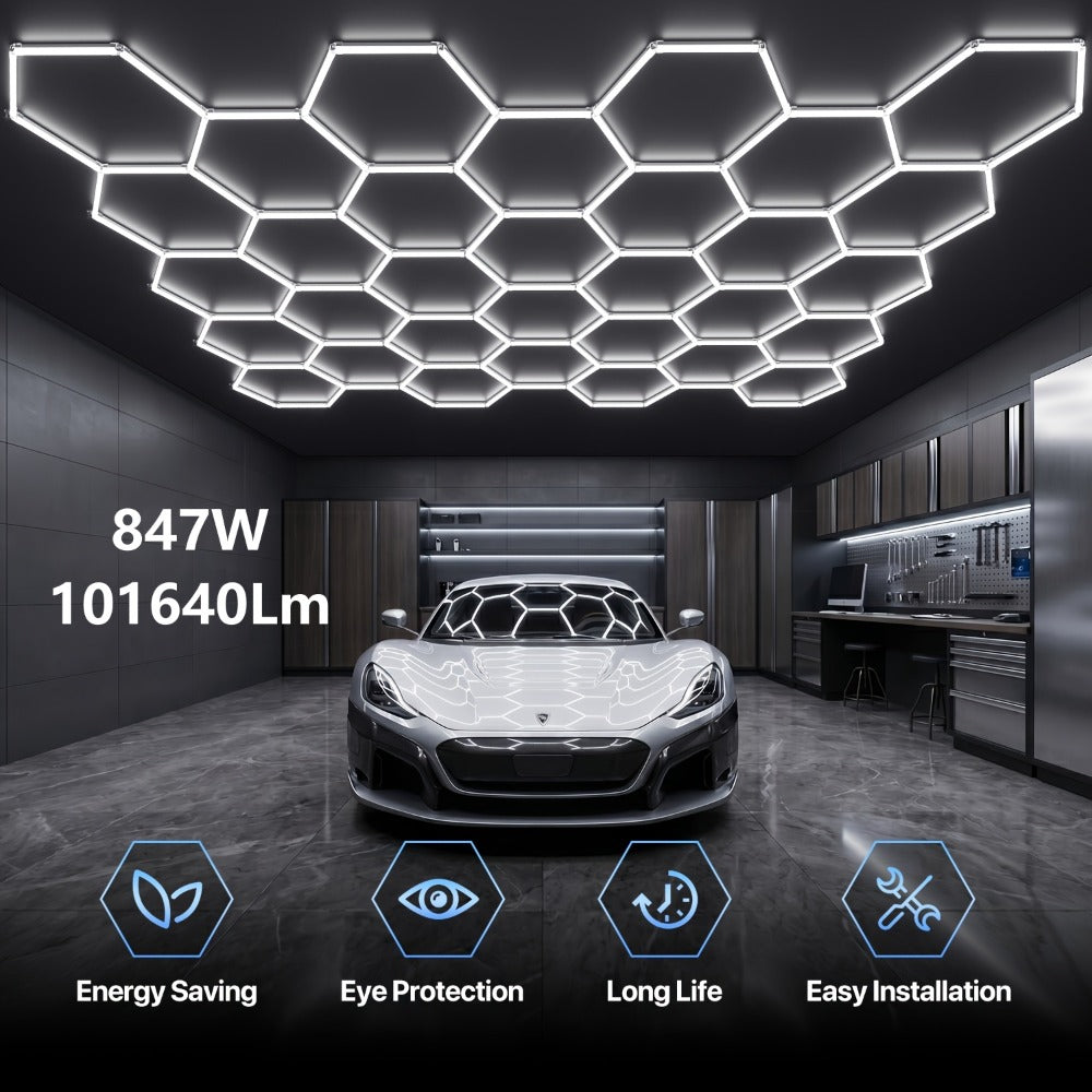 LED Hexagonal Garage Light 6500K, Super Bright Daylight White Shop Light 42W, 620W for Auto Detailing
