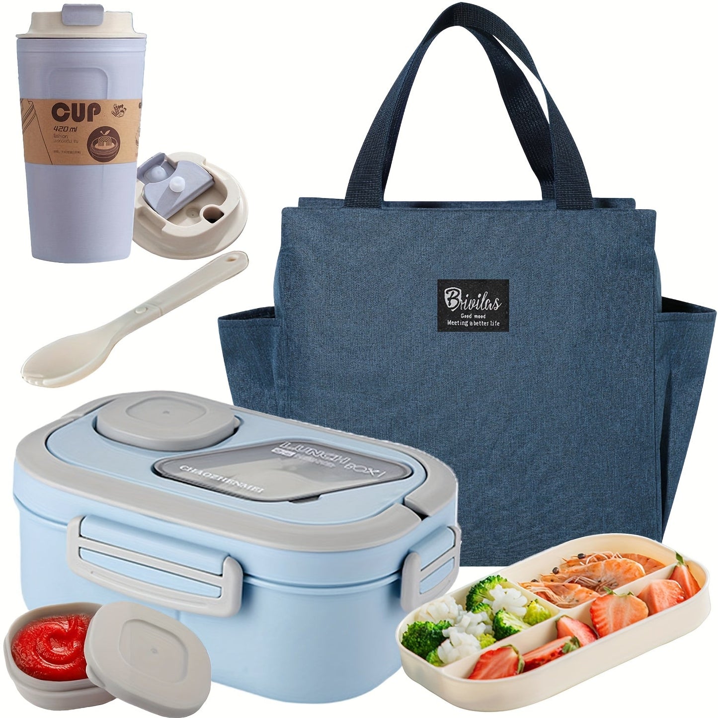 2-Layer Bento Lunch Box Set with Cup and Meal Bag - Multi-Grid Lunch Box for School, Office & Outdoor Picnics