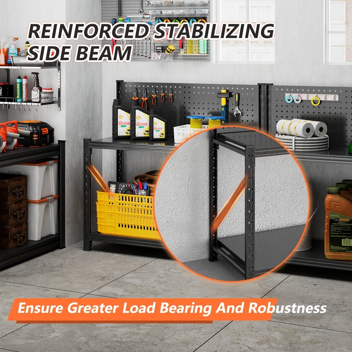 Four-Tier Metal Garage Storage Shelf with Wide Workbench Top and Lower Tool Organizer Space