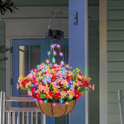 Solar Hanging Flower Basket with RGB String Lights, 10 Inch Artificial Flowers, Dusk-to-Dawn Auto On