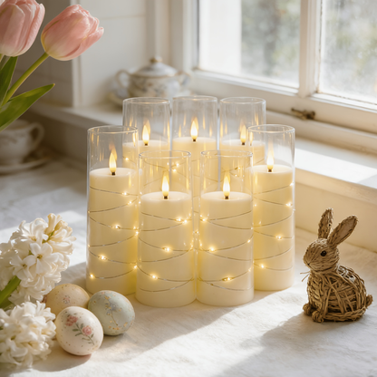 Flameless LED Candles with Remote Control Timer and Star String Lights Set of 5 or 7 Pillar Candles for Wedding Garden Home Decor