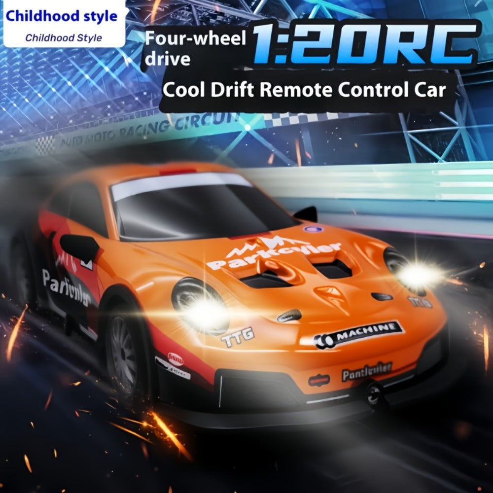 Alloy RC Drift Car 1:24 Scale 4WD 28KM/H with Drift Tires LED Lights Barricades & 2 Batteries