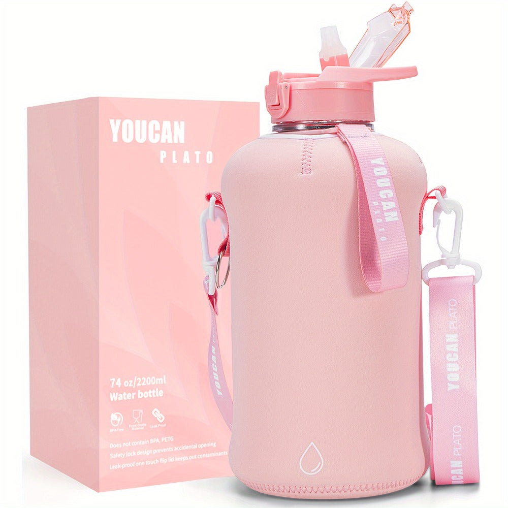 74oz Half Gallon Water Bottle with Straw & Handle, Large Gym Water Jug with Sleeve & Bottle Brush