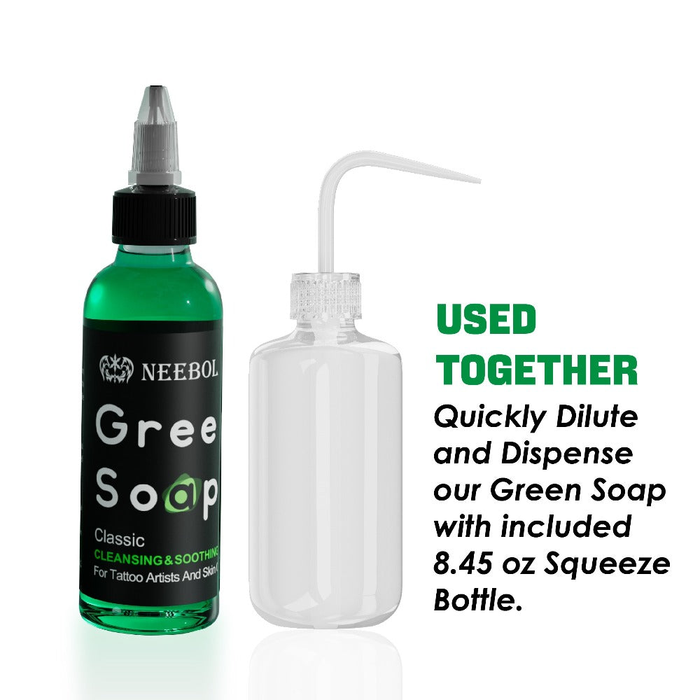 Tattoo Green Soap Concentrated Cleaning Solution 8.5oz with Squeeze Bottle Skin Prep Before During & After Tattooing Moisturizing Balm
