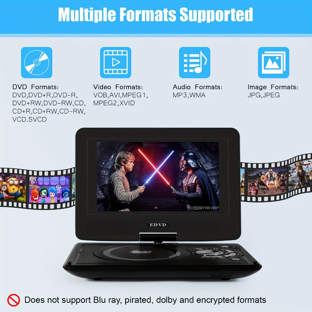 9 Inch Portable DVD Player for Kids Car Travel, Rechargeable Battery, Region Free, Dual Speakers