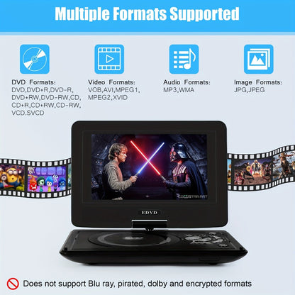 9 Inch Portable DVD Player for Kids Car Travel, Rechargeable Battery, Region Free, Dual Speakers