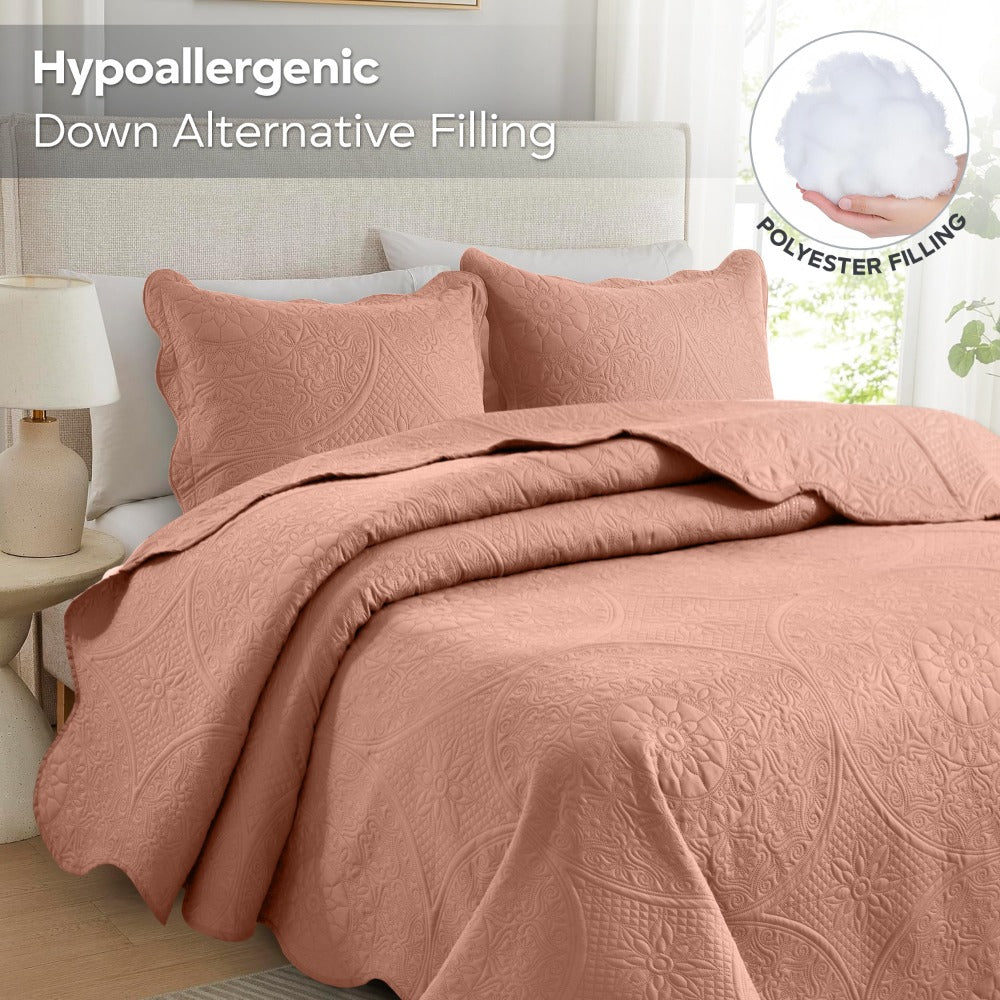 Floral-Pattern Three-Piece Bedspread Set in 16 Colors with Twin, Queen, King and California King Sizes