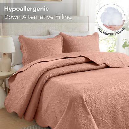 Floral-Pattern Three-Piece Bedspread Set in 16 Colors with Twin, Queen, King and California King Sizes