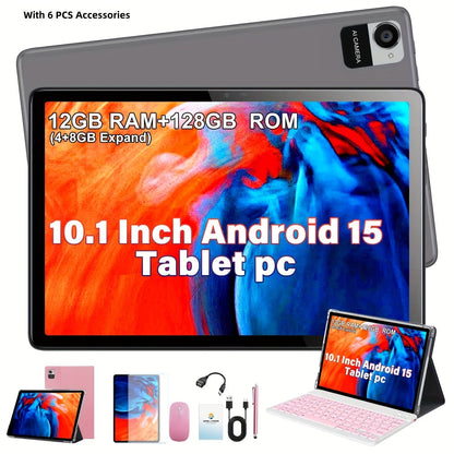 CRELANDER 10.1 Inch Android 15 Tablet 2-in-1 with Wireless Keyboard, Mouse, Case & Stylus, 128GB ROM 12GB RAM 1TB Expandable