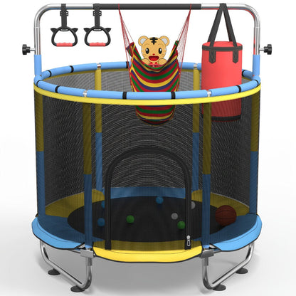 Kids Trampoline with Enclosure and Gymnastics Bar, 60" Height Adjustable Safety Net Trampoline for Toddlers Ages 3+