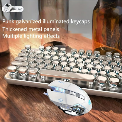 Mechanical Keyboard 104-Key Full-Size Wired USB Layout with Retro Round Keycaps, Backlighting and Control Knob