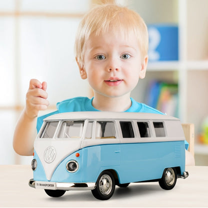 Volkswagen T1 Bus Diecast Model Car 1:36 Scale Zinc Alloy Pullback, Vintage Blue & White, Detailed Interior