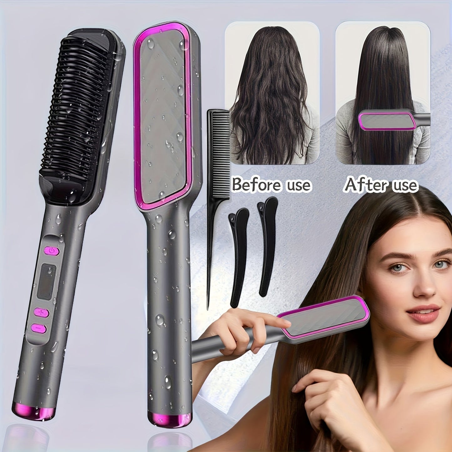 2-in-1 Hair Straightener & Curler LCD Display – 35-Second Fast Heat 4-Speed Temperature Anti-Scald Flat Iron Brush for Women with 2 Hairpins