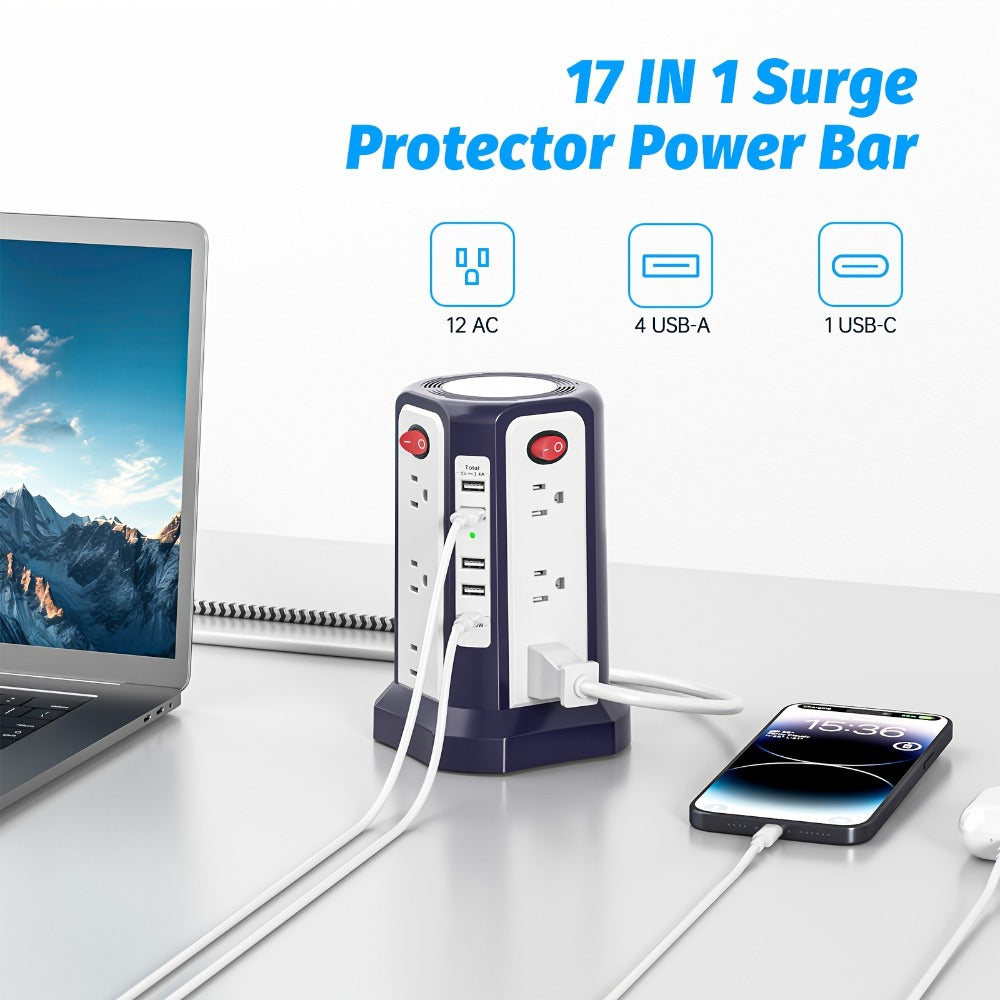Power Strips with Surge Protection, Tower with 12–16 AC Outlets, 4 USB-A, PD 20W USB-C and 1500J Surge Protection for Home Office Charging