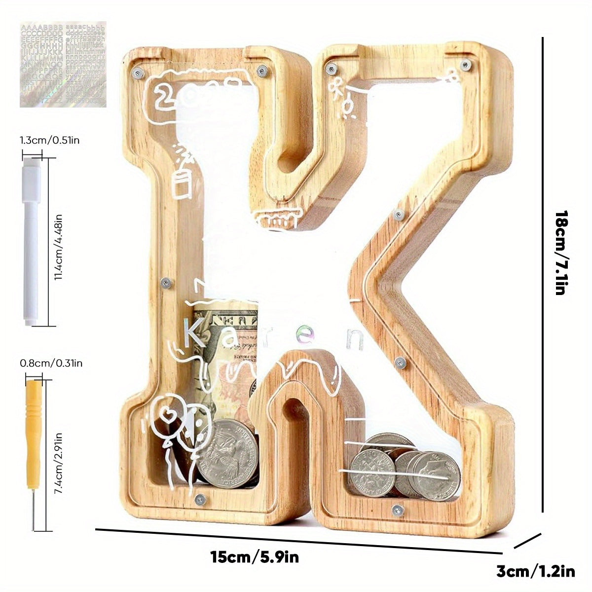 Alphabet Wooden Money Bank for Adults A to Z Letter Piggy Bank – Personalized Coin Bank Home Decor Craft Art Decoration