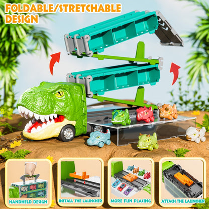 Dinosaur Truck Toys 13-in-1 Transport Carrier with 63-Inch Foldable Race Track, 6 Dino Cars + 6 Die-Cast Cars