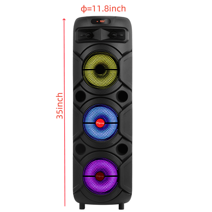 Triple 8-Inch Subwoofer PA Party Speaker with Wireless Stereo Pairing, LED Color Lights, FM Radio