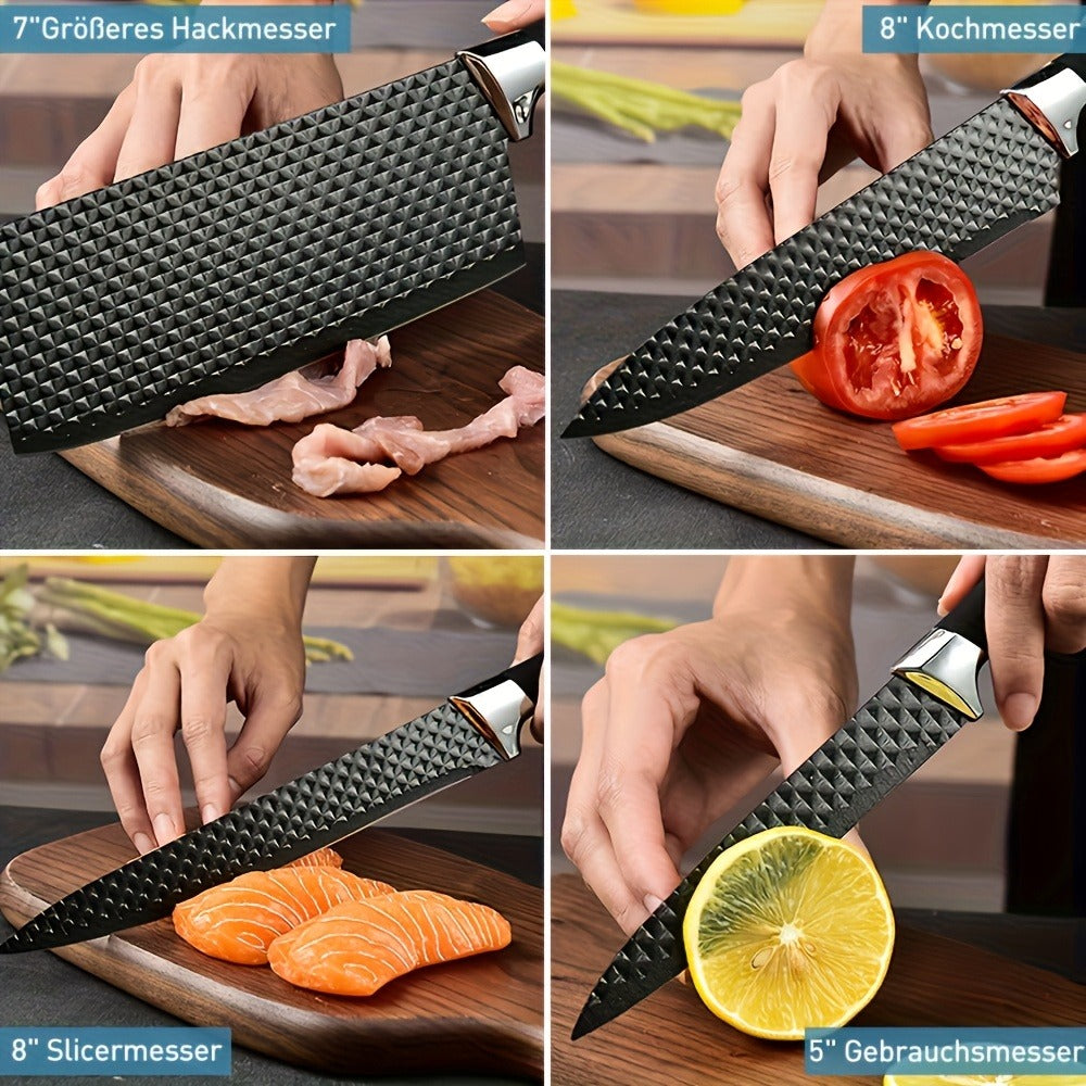 Kitchen Knife Set Professional Stainless Steel with Wooden Block – Hammer Textured Chef Knives, Self-Sharpening, Scissors Included