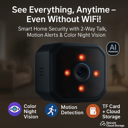 Security Camera Mini Plug-In Black Model with Night Vision, Motion Alerts, Flexible Stem and Local TF Storage