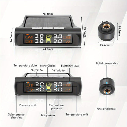 Solar TPMS Tire Pressure Monitoring System – Solar & USB Charging, 5 Alarm Modes, Color Display for 4-Wheel Vehicles
