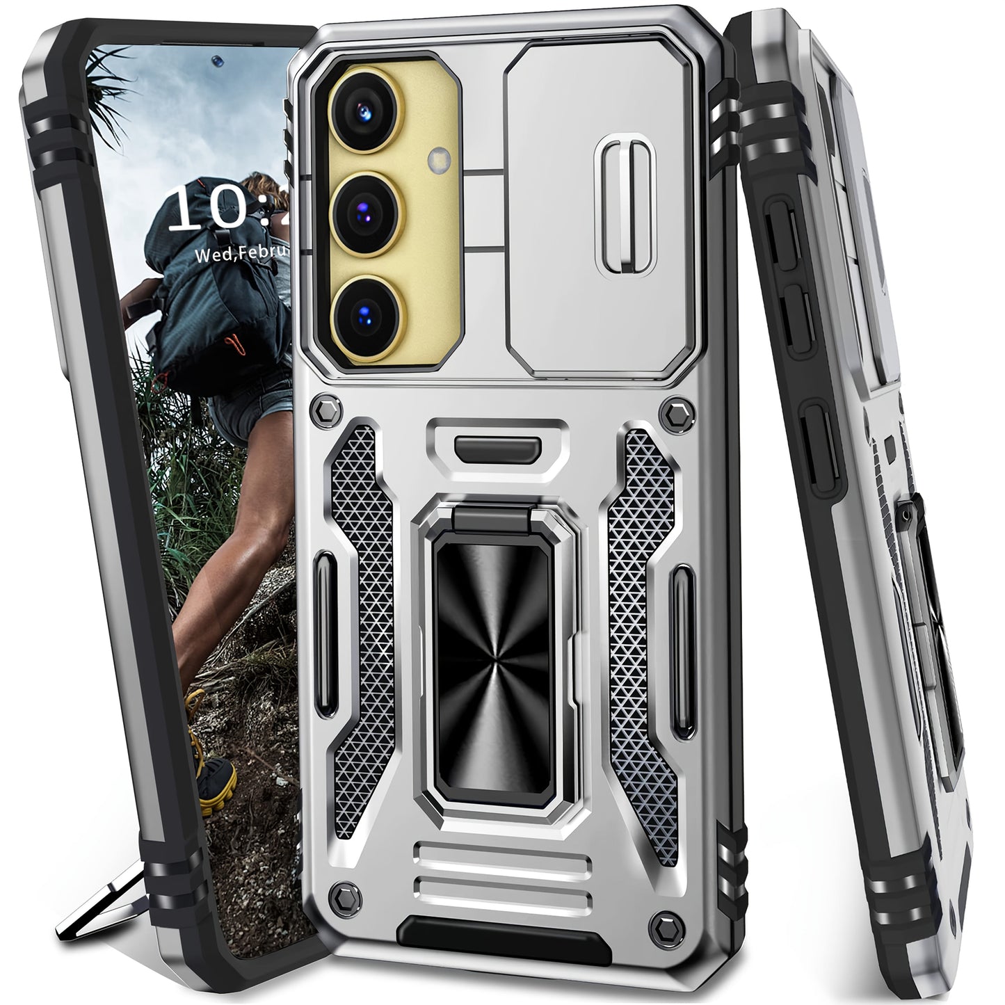 Samsung Galaxy Shockproof Magnetic Phone Case with 360° Rotating Ring Bracket & Sliding Lens Protector – Heavy Duty Cover for S24FE S23FE